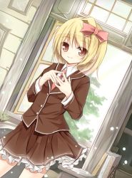 Rule 34 | 1girl, blonde hair, blush, book, bow, female focus, hair bow, long sleeves, necktie, open window, own hands together, red eyes, rumia, short hair, skirt, skirt set, smile, solo, touhou, tree, window, yuuhagi (amaretto-no-natsu)