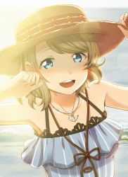 Rule 34 | 10s, 1girl, anchor necklace, armpits, bare shoulders, blue eyes, brown hair, hat, highres, looking at viewer, love live!, love live! school idol festival, love live! sunshine!!, necklace, open mouth, short hair, solo, straw hat, watanabe you, wokami