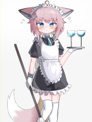Rule 34 | 1girl, ahoge, alternate costume, animal ear fluff, animal ears, apron, arknights, black dress, blue eyes, blue necktie, blush, brown hair, closed mouth, dress, enmaided, flying sweatdrops, fox ears, fox girl, fox tail, frilled apron, frilled dress, frills, gloves, grey background, highres, holding, holding tray, maid, maid headdress, necktie, puffy short sleeves, puffy sleeves, short sleeves, simple background, solo, spam (spamham4506), sussurro (arknights), sweat, tail, tray, white apron, white gloves