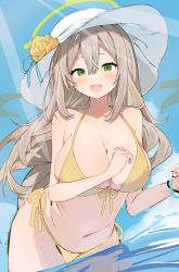 Rule 34 | 1girl, :d, absurdres, bikini, blue archive, blush, breasts, brown hair, collarbone, green eyes, hair between eyes, halo, hat, highres, inuyayo, large breasts, long hair, looking at viewer, navel, nonomi (blue archive), nonomi (swimsuit) (blue archive), ocean, open mouth, partially submerged, side-tie bikini bottom, smile, solo, swimsuit, white hat, yellow bikini