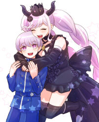 Rule 34 | 1boy, 1girl, :d, ahoge, black dress, black flower, black footwear, black gloves, black horns, black nails, black thighhighs, blue jacket, blush, boots, braid, breasts, cleavage, closed eyes, commentary request, criss-cross halter, crown, detached sleeves, dress, fingerless gloves, floating, floral print, flower, gloves, halterneck, highres, horns, hug, jacket, large breasts, long hair, long sleeves, looking at another, master detective archives: rain code, momo (momo 2muco), nail polish, open mouth, pink hair, purple eyes, purple hair, shinigami (rain code), short hair, smile, thighhighs, twin braids, very long hair, white background, white hair, yuma kokohead