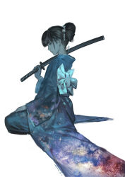 Rule 34 | 1girl, black hair, remembrance of earth&#039;s past, galaxy, hjl, holding, holding sword, holding weapon, looking back, over shoulder, scabbard, sheath, simple background, sitting, solo, sophon, sword, weapon, white background