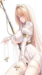Rule 34 | 1girl, between breasts, between thighs, blonde hair, breast curtains, breasts, clothing cutout, dress, fang, garter straps, hair between eyes, highres, izupix, large breasts, long hair, long sleeves, looking at viewer, nijisanji, nui sociere, nui sociere (6th costume), official alternate costume, pelvic curtain, puffy long sleeves, puffy sleeves, revealing clothes, skin fang, solo, staff, thigh strap, tiara, underboob cutout, veil, very long hair, virtual youtuber, white dress, yellow eyes