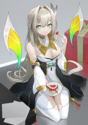 Rule 34 | 1girl, absurdres, bare shoulders, braid, breasts, cake, cake slice, cleavage, closed mouth, crying, crying with eyes open, dai mao xuan yi, detached collar, detached sleeves, dress, food, green eyes, grey hair, hair intakes, hand up, highres, long hair, long sleeves, looking at viewer, medium breasts, pantyhose, seiza, sitting, solo, tears, tower of fantasy, very long hair, white dress, white pantyhose, yan miao (tower of fantasy)