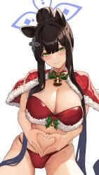 Rule 34 | 1girl, animal ears, bad anatomy, bell, bikini, black hair, blue archive, blue halo, blush, breasts, capelet, christmas, cleavage, closed mouth, fur-trimmed capelet, fur trim, green eyes, halo, highres, jamgom, large breasts, long hair, navel, red capelet, santa bikini, shun (blue archive), simple background, smile, solo, swimsuit, white background