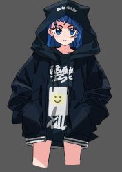 1girl animal_hood black_hoodie black_jacket blue_hair casual cat_hood commentary cowboy_shot cropped_legs cut_bangs drawstring frown grey_background hands_in_pockets highres hirogaru_sky!_precure hood hood_up hoodie jacket kousuke0912 long_hoodie long_sleeves looking_at_viewer medium_hair open_clothes open_jacket precure print_hoodie simple_background single_sidelock solo sora_harewataru standing