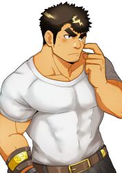 Rule 34 | 1boy, arm hair, averting eyes, bara, blush, chest hair peek, covered abs, cowboy shot, facial hair, finger to cheek, forked eyebrows, goatee, goatee stubble, hairy, huge eyebrows, large hands, long sideburns, male focus, muscular, muscular male, oskn tengoku, pectoral cleavage, pectorals, shirt, short hair, shy, sideburns, solo, stubble, sweatdrop, takabushi kengo, tight clothes, tight shirt, tokyo houkago summoners, upper body