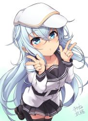 Rule 34 | 1girl, black skirt, black thighhighs, blush, cheese (cheese koubou), crossed bangs, double w, flat cap, gradient background, hair between eyes, hat, hibiki (kancolle), highres, jacket, kantai collection, long hair, long sleeves, looking at viewer, pleated skirt, signature, silver hair, simple background, skirt, solo, thighhighs, verniy (kancolle), very long hair, w, white hat