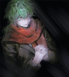 Rule 34 | 1boy, black jacket, commentary request, evil smile, green eyes, green hair, highres, interlocked fingers, jacket, kimi ga shine, korean commentary, long sleeves, male focus, midori (kimi ga shine), open mouth, ouon, own hands clasped, own hands together, red scarf, scarf, shirt, short hair, smile, solo, upper body, white shirt