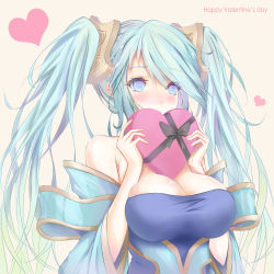 Rule 34 | 1girl, absurdres, aqua eyes, aqua hair, bare shoulders, blue dress, blush, box, breasts, candy, chocolate, chocolate heart, covered mouth, detached sleeves, dress, food, hair ornament, happy valentine, heart, heart-shaped box, highres, hiiro (3073799), large breasts, league of legends, long hair, looking at viewer, solo, sona (league of legends), swept bangs, twintails, upper body, valentine, very long hair