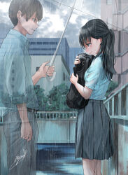 Rule 34 | 1boy, 1girl, bag, belt, black hair, breasts, brown hair, clenched teeth, cloud, cloudy sky, collared shirt, cowboy shot, crying, d:, from side, ghost, grey pants, grey skirt, highres, holding, holding bag, holding umbrella, long hair, looking at another, looking down, offering umbrella, open mouth, original, outdoors, pants, pleated skirt, ponytail, rain, sad, school bag, shirt, short hair, short sleeves, sideways mouth, signature, skirt, sky, sleeves past elbows, sleeves rolled up, small breasts, soragane (banisinngurei), tearing up, tears, teeth, umbrella, uniform, very short hair, wet, wet clothes, wet shirt, white shirt, worried