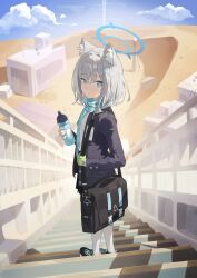 Rule 34 | 1girl, absurdres, animal ear fluff, animal ears, bag, black footwear, black jacket, blazer, blue archive, blue eyes, blue halo, blue scarf, blush, bottle, closed mouth, cross hair ornament, day, desert, extra ears, full body, gloves, green gloves, grey hair, hair ornament, halo, highres, holding, holding bottle, jacket, long sleeves, medium hair, mismatched pupils, open clothes, open jacket, outdoors, riok hh, scarf, shiroko (blue archive), shirt, shoes, socks, solo, standing, white shirt, white socks, wolf ears