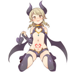 Rule 34 | 1girl, :d, @ @, bad id, bad pixiv id, bare shoulders, black footwear, black thighhighs, black wings, blush, boots, bridal gauntlets, brown eyes, brown hair, clothing cutout, demon girl, demon horns, demon tail, demon wings, earrings, full body, greyscale, heart cutout, holding tail, horns, idolmaster, idolmaster cinderella girls, jewelry, long hair, looking at viewer, monochrome, morikubo nono, navel, nose blush, open mouth, pubic tattoo, ringlets, simple background, sitting, smile, solo, tail, tattoo, thighhighs, thighhighs under boots, uccow, wariza, white background, wings