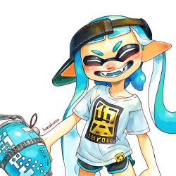 Rule 34 | 1girl, ^ ^, artist name, black hat, black shorts, blue hair, blue tongue, blue trim, blunt bangs, blush, closed eyes, collarbone, colored tongue, commentary request, cowboy shot, dolphin shorts, facing viewer, fangs, fizzy bomb (splatoon), hair behind ear, hanako515 ika, hat, highres, holding, holding weapon, inkling, inkling girl, inkling player character, long hair, nintendo, open mouth, pointy ears, print shirt, shirt, short bangs, short sleeves, shorts, sideways hat, simple background, solo, splatoon (series), tentacle hair, twintails, v-shaped eyebrows, very long hair, visor cap, weapon, white background, white shirt