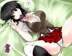 Rule 34 | 00s, 1girl, bed, black hair, blush, breasts, clothes lift, condom, condom in mouth, cosaten, grey eyes, heart, highres, impossible clothes, large breasts, long hair, looking at viewer, lying, mouth hold, panties, pantyshot, pillow, pleated skirt, presenting, school rumble, school uniform, skirt, skirt lift, socks, solo, spoken heart, spread legs, suou mikoto (school rumble), sweatdrop, underwear, upskirt