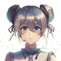 Rule 34 | 1girl, bare shoulders, black ribbon, blue eyes, blue hair, blue necktie, blush, closed mouth, double bun, eyelashes, frills, hair between eyes, hair bun, hair ribbon, hatsune miku, hatsune miku (vocaloid4) (chinese), headset, kleinlight, looking at viewer, necktie, portrait, ribbon, simple background, sleeveless, smile, solo, twitter username, vocaloid, white background