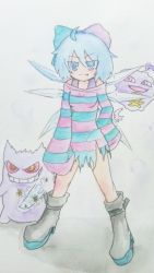 Rule 34 | 1girl, ahoge, arm behind back, aura, black footwear, blue bow, blue dress, blue eyes, blue hair, boots, bow, breasts, cirno, closed mouth, colored sclera, colored stripes, cosplay, creatures (company), dress, fang, fang out, female focus, floating, full body, game freak, gen 1 pokemon, gengar, glowing, glowing hand, grin, hair between eyes, hair bow, hand on own thigh, high heel boots, high heels, ice, ice wings, knee boots, koffing, legs apart, light smile, long sleeves, looking at viewer, nintendo, off shoulder, open mouth, parted bangs, pink bow, pink dress, pink eyes, pokemon, pokemon bw2, red sclera, roxie (pokemon), roxie (pokemon) (cosplay), shadow, short hair, simple background, skull and crossbones, sleeves past wrists, small breasts, smile, standing, striped clothes, striped dress, tagme, teeth, torn clothes, torn dress, touhou, traditional media, wavy mouth, white background, wings, yellow eyes, yuzuazu