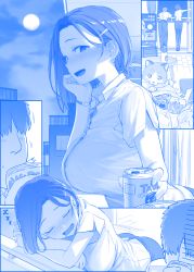 Rule 34 | 1boy, 1girl, :d, balcony, beer can, blue theme, blush, breasts, can, cat, closed eyes, comic, commentary request, drink can, drooling, drunk, ear blush, earrings, faceless, faceless male, full moon, getsuyoubi no tawawa, hair ornament, hairclip, head rest, himura kiseki, jewelry, kouhai-chan (tawawa), large breasts, looking at viewer, mid-autumn festival, mole, mole under eye, monochrome, moon, open mouth, outdoors, pantyhose, parted bangs, shirt, short sleeves, silent comic, sleeping, smile, standing, taut clothes, taut shirt, watch, wristwatch