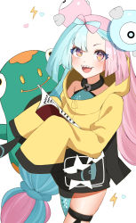 Rule 34 | 1girl, :d, bad id, bad pixiv id, bellibolt, black shorts, blush, book, character hair ornament, commentary request, cowboy shot, creatures (company), eyelashes, game freak, hair ornament, highres, holding, holding book, iono (pokemon), jacket, long hair, looking at viewer, multicolored hair, nintendo, okuro zmzm, open mouth, pantyhose, pink hair, pokemon, pokemon (creature), pokemon sv, sharp teeth, shirt, shorts, single leg pantyhose, sleeveless, sleeveless shirt, smile, teeth, thigh strap, tongue, twintails, two-tone hair, upper teeth only, yellow jacket