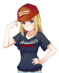 Rule 34 | 1girl, :d, absurdres, arm up, bad anatomy, badge, baseball cap, belt, black shirt, blonde hair, blue eyes, boy&#039;s club, breasts, brown belt, button badge, clothes writing, collarbone, cursive, denim, donald trump, english text, grin, hand on headwear, hand on own hip, hat, headwear request, headwear writing, highres, impossible clothes, impossible shirt, jeans, long hair, looking at viewer, make america great again, open mouth, original, pants, pepe the frog, real life, red hat, rhyme, shirt, shirt tucked in, short sleeves, sidelocks, simple background, smile, solo, t-shirt, trump hat, upper body, white background