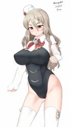 Rule 34 | 1girl, :o, absurdres, adapted costume, black leotard, blush, bow, bowtie, breasts, brown eyes, cowboy shot, dated, drunk, grey hair, hat, highres, kantai collection, large breasts, leotard, long sleeves, maru (marg0613), mini hat, pola (kancolle), shirt, simple background, solo, thighhighs, twitter username, wavy hair, white background, white shirt, white thighhighs