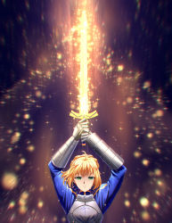 Rule 34 | 1girl, ahoge, armor, arms up, artoria pendragon (all), artoria pendragon (fate), blonde hair, breastplate, fate/stay night, fate (series), gauntlets, glowing, glowing sword, glowing weapon, green eyes, holding, holding sword, holding weapon, kaminary, light particles, long sleeves, looking at viewer, saber (fate), serious, solo, sword, two-handed, upper body, weapon