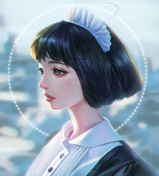 Rule 34 | 1girl, black eyes, black hair, bob cut, buttons, character request, chromatic aberration, closed mouth, commentary request, eyelashes, highres, lips, maid headdress, real life, rena illusion, shingeki no kyojin, short hair, solo