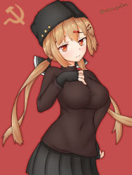 Rule 34 | 1girl, black bow, black gloves, black hat, black shirt, black skirt, bow, brown eyes, brown hair, cowboy shot, fingerless gloves, fur hat, gloves, hair bow, hair ornament, hairclip, hammer and sickle, hat, head tilt, highres, kantai collection, long hair, long sleeves, looking at viewer, low twintails, navel, papakha, pleated skirt, red background, shirt, simple background, skirt, solo, tashkent (kancolle), twintails, twitter username, untucked shirt, yuusen (aenka)