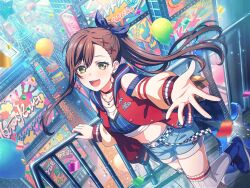 Rule 34 | 1girl, :d, balloon, bang dream!, belt, billboard, boots, bow, brown hair, building, choker, city, clothing cutout, confetti, crop top, dutch angle, earrings, electric guitar, guitar, hair bow, hair ornament, hairclip, hanazono tae, hand on railing, high ponytail, hoop earrings, instrument, jacket, jewelry, leg lift, letterman jacket, long hair, midriff, necklace, official art, open mouth, outstretched hand, railing, reaching, reaching towards viewer, shorts, shoulder cutout, smile, solo, star (symbol), star earrings, star necklace, thighhighs, third-party source, x hair ornament, yellow eyes
