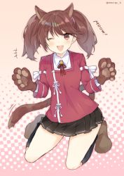 Rule 34 | 1girl, animal ears, animal hands, black skirt, black socks, brown eyes, brown hair, cat ears, cat tail, commentary request, full body, gloves, gradient background, japanese clothes, kantai collection, kariginu, kneehighs, long hair, looking at viewer, neck ribbon, one-hour drawing challenge, paw gloves, paw shoes, pink background, pleated skirt, polka dot, polka dot background, red ribbon, red shirt, ribbon, ryuujou (kancolle), saiki yuzuri, shirt, skirt, smile, socks, solo, tail, twintails