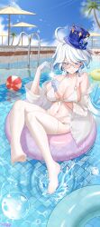 Rule 34 | 1girl, absurdres, ahoge, ball, bare shoulders, beachball, bespectacled, bikini, blue eyes, blue hair, blue hat, blue sky, bubble, choker, cloud, commentary request, day, feet, feifu, furina (genshin impact), genshin impact, glasses, gloves, hands up, hat, highres, innertube, jewelry, legs, looking at viewer, multicolored hair, navel, no shoes, off shoulder, pendant, pool, shirt, sky, smile, solo, stomach, streaked hair, swim ring, swimsuit, thighhighs, thighs, toes, top hat, umbrella, water, white bikini, white choker, white gloves, white hair, white shirt, white thighhighs