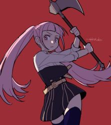 Rule 34 | 1girl, artist name, axe, belt, breasts, do m kaeru, female focus, fire emblem, fire emblem: three houses, garreg mach monastery uniform, hilda valentine goneril, holding, holding axe, holding weapon, large breasts, matching hair/eyes, nintendo, pink eyes, pink hair, red background, solo, thighhighs, twintails, v-shaped eyebrows, weapon