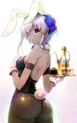 Rule 34 | 1girl, akahito, animal ears, ass, bare shoulders, black gloves, black leotard, blush, breasts, dark-skinned female, dark skin, fake animal ears, fate/prototype, fate/prototype: fragments of blue and silver, fate (series), fishnet pantyhose, fishnets, gloves, hairband, hassan of serenity (fate), leotard, looking at viewer, medium breasts, pantyhose, playboy bunny, purple eyes, purple hair, rabbit ears, rabbit tail, short hair, solo, tail