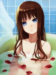 Rule 34 | 1girl, bath, bathtub, blue eyes, brown hair, highres, hitsuji kumo, long hair, looking at viewer, original, partially submerged, petals, rose petals, solo, tile wall, tiles