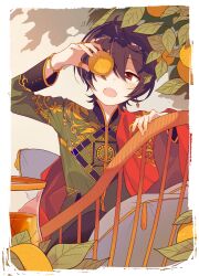 Rule 34 | 1boy, 4 (nakajima4423), arm up, bangle, black hair, blush, bracelet, chair, changpao, chinese clothes, commentary request, earrings, ensemble stars!, food, fruit, gold trim, green shirt, hair between eyes, holding, holding food, holding fruit, jewelry, leaf, long sleeves, looking at viewer, male focus, open mouth, pillow, red eyes, ring, sakuma ritsu, shadow, shirt, short hair, sidelocks, single earring, solo, tassel, teeth, thumb ring, upper body, upper teeth only, yuzu (fruit)