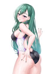 Rule 34 | 1girl, ass, black nails, breasts, commentary request, competition swimsuit, cowboy shot, green hair, highres, hisame shiki, large breasts, long hair, nail polish, one-piece swimsuit, purple eyes, simple background, solo, swimsuit, tongue, tongue out, two-tone swimsuit, virtual youtuber, vspo!, wet, wet clothes, wet swimsuit, white background, yakumo beni