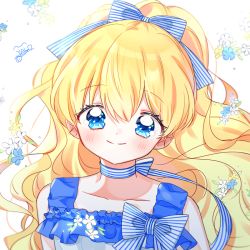 Rule 34 | 1girl, athanasia de alger obelia, bad id, bad twitter id, blonde hair, blue bow, blue eyes, blue flower, blue frills, blush, bow, check copyright, copyright request, dress, eoneu nal gongjuga doeeobeoryeotda, flower, frills, hair bow, long hair, looking at viewer, sleeveless, sleeveless dress, smile, solo, striped, striped bow, upper body, white dress, white flower, yalmyu, yellow flower