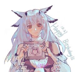 Rule 34 | 1girl, arknights, blush, dress, duhongchen579, grey hair, happy birthday, highres, holding, holding phone, long hair, longship, looking at viewer, orange eyes, owl ears, phone, photo (object), poptepipic, ptilopsis (arknights), simple background, smile, solo, white background, white dress