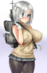 Rule 34 | 10s, 1girl, alternate costume, asanagi, between breasts, black pantyhose, blue eyes, blush, breasts, covered erect nipples, gloves, hair ornament, hair over one eye, hairclip, hamakaze (kancolle), highres, kantai collection, large breasts, looking at viewer, panties, panties under pantyhose, pantyhose, pantyshot, personification, ribbed sweater, short hair, silver hair, skirt, sleeveless, sleeveless turtleneck, solo, strap between breasts, sweater, turtleneck, underwear, upskirt, white gloves