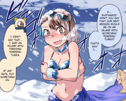 Rule 34 | 10s, 1girl, beatrix (granblue fantasy), bikini, bikini top only, breasts, brown eyes, brown hair, cleavage, cold, crossed arms, erune, eustace (granblue fantasy), eyewear on head, frilled bikini, frills, granblue fantasy, hard-translated, heavy breathing, jitome, long hair, navel, open mouth, sarong, smile, snow, solo focus, sunglasses, swimsuit, third-party edit, toritora, translated, trembling, upper body