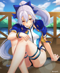 Rule 34 | 1girl, aona (anagasaki), blue bow, blue jacket, blue one-piece swimsuit, blue sky, blush, bow, breasts, closed mouth, competition swimsuit, fate/grand order, fate (series), hair between eyes, hair bow, highleg, highleg swimsuit, highres, jacket, knees up, lake, large breasts, long hair, looking at viewer, one-piece swimsuit, ponytail, red eyes, short sleeves, silver hair, sitting, sky, smile, swimsuit, thigh strap, thighs, tomoe gozen (fate), tomoe gozen (swimsuit saber) (fate), tomoe gozen (swimsuit saber) (first ascension) (fate), two-tone swimsuit, white one-piece swimsuit