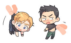 Rule 34 | 2boys, ao isami, between fingers, big head, black hair, black shirt, blonde hair, blue eyes, blue pants, blush, cargo pants, carrying, carrying person, chibi, facial hair, green pants, highres, holding, lewis smith, male focus, male underwear, male underwear peek, motion lines, multiple boys, open mouth, pants, shirt, short hair, sideburns stubble, simple background, stubble, sweatdrop, underwear, wasted m9, watch, white background, wristwatch, yuuki bakuhatsu bang bravern