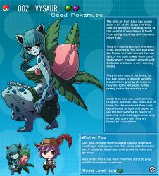 Rule 34 | 1boy, 1girl, animal ears, artist name, brown eyes, character profile, colored skin, commentary, creatures (company), english commentary, english text, fangs, feathers, game freak, gen 1 pokemon, green hair, green skin, hair ornament, hat, hat feather, highres, ivysaur, kinkymation, leaf clothing, monster girl, monsterification, nintendo, personification, poke ball, pokemon, ponytail, profile, purple hair, red eyes