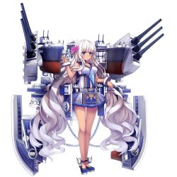 Rule 34 | 1girl, arm tattoo, blonde hair, blue eyes, blush, bracelet, breasts, cannon, chain, cleavage, dress, flower, full body, hair flower, hair ornament, haluka (aixioo), jewelry, large breasts, long hair, machinery, official art, sailor dress, short dress, solo, south dakota (warship girls r), standing, tan, tattoo, transparent background, turret, twintails, very long hair, warship girls r, wavy hair