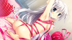 Rule 34 | 1girl, armpits, arms up, ass, barefoot, blue eyes, blush, breasts, dutch angle, feet, floral print, game cg, highres, hoshikoi tinkle, korie riko, large breasts, long hair, looking at viewer, murakumo soraha, naked ribbon, nipples, on bed, pillow, ribbon, sitting, smile, soles, solo, toes, wariza, white hair