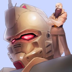 Rule 34 | 1boy, bald, beard, brown eyes, commentary, commission, cosmikaizer, crossed arms, english commentary, facial hair, glowing, glowing eyes, gundam, gundam 08th ms team, gundam ez8, highres, justinius builds, looking down, mecha, military, military uniform, real life, red eyes, robot, second-party source, solo, standing, uniform