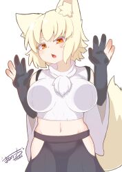 Rule 34 | 1girl, absurdres, against glass, animal ear fluff, animal ears, bare shoulders, black gloves, black skirt, blonde hair, breast press, breasts, cowboy shot, dated, detached sleeves, elbow gloves, gloves, groin, hands up, highres, hip vent, inubashiri momiji, large breasts, looking at viewer, midriff, navel, open mouth, orange eyes, otomen maru-no-uchi, partially fingerless gloves, shirt, short hair, signature, skirt, sleeveless, sleeveless shirt, solo, standing, tail, tail raised, touhou, turtleneck, turtleneck shirt, white shirt, white sleeves, wide sleeves, yellow tail