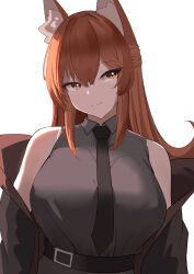Rule 34 | 1girl, absurdres, animal ear fluff, animal ears, arknights, belt, black belt, black necktie, breasts, brown eyes, brown hair, collared shirt, fox ears, fox girl, franka (arknights), grey shirt, highres, jacket, lahz52, large breasts, long hair, looking at viewer, necktie, off shoulder, open clothes, open jacket, shirt, simple background, sleeveless, sleeveless shirt, smile, solo, upper body, white background