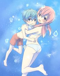 Rule 34 | 1boy, 1girl, ass, barefoot, bikini, blue eyes, blue hair, blush, feet, heterochromia, low twintails, nei (os), original, os (os fresa), pink hair, pointy ears, purple eyes, red eyes, shorts, souta (os), swimsuit, toes, topless male, twintails, underwater