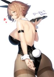 Rule 34 | 1girl, animal ears, armband, ass, black leotard, blush, breasts, brown eyes, brown hair, rabbit ears, rabbit tail, closed mouth, commission, detached collar, fake animal ears, highres, holding, holding tray, kantai collection, large breasts, leotard, looking at viewer, looking back, meth (emethmeth), mutsu (kancolle), pantyhose, playboy bunny, second-party source, short hair, sideboob, simple background, smile, solo, tail, tray, upper body, white background, wrist cuffs
